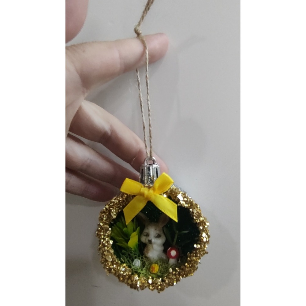 Bunny Rabbit Christmas Ornament Handmade Vtg Style OOAK Shatterproof Diorama